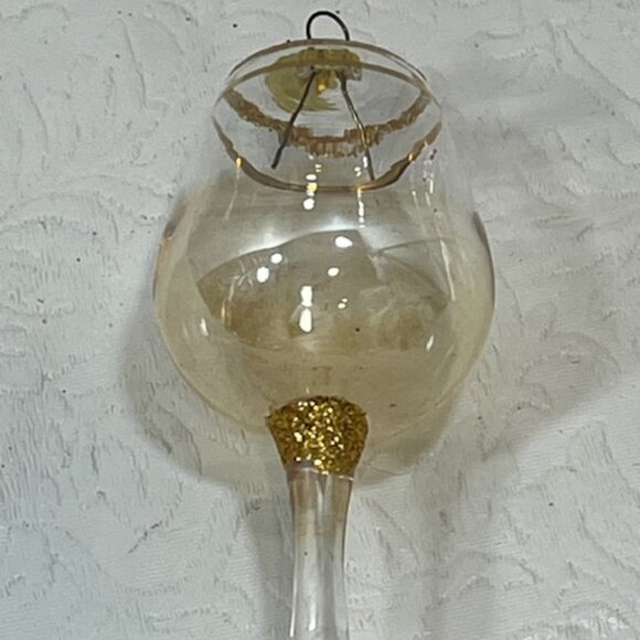VTG SCF Mini Wine Glass Shaped Hand Blown Gold Glitter Trim Christmas Ornament - Picture 6 of 8